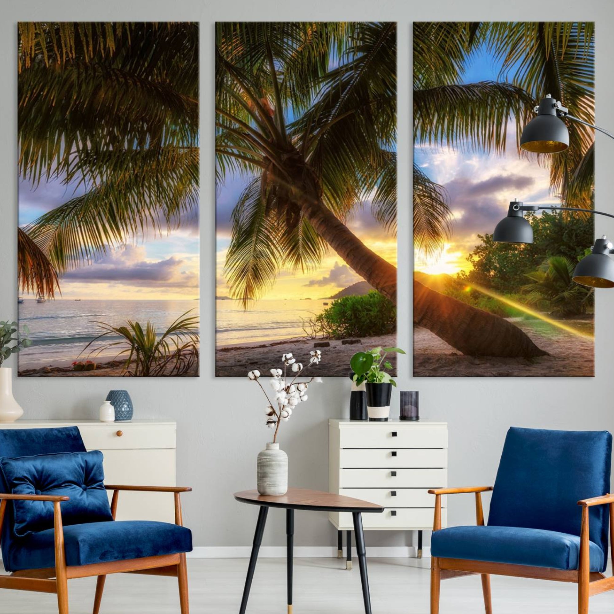 49751-MGV-CV-36X24-Coastal Sunset Palm Tree Giclee Canvas Print – Tropical Beach Panorama Wall Art for Relaxed Island