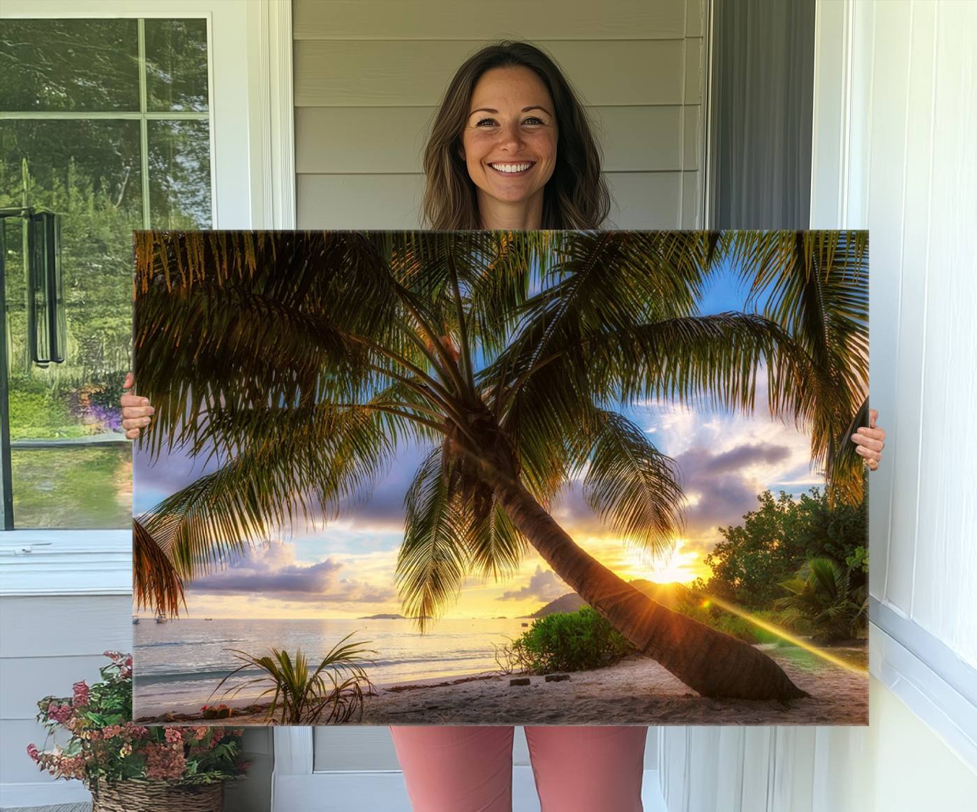 49751-MGV-CV-36X24-Coastal Sunset Palm Tree Giclee Canvas Print – Tropical Beach Panorama Wall Art for Relaxed Island