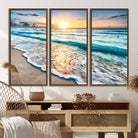27815-MGV-FC-48X32-3P_Walnut-Coastal Sunset Wall Art Canvas, Ocean Beach Canvas Wall Art Beach Canvas, Coastal Sunset Tropical Island Beach Sunset Artwork Print, Beach
