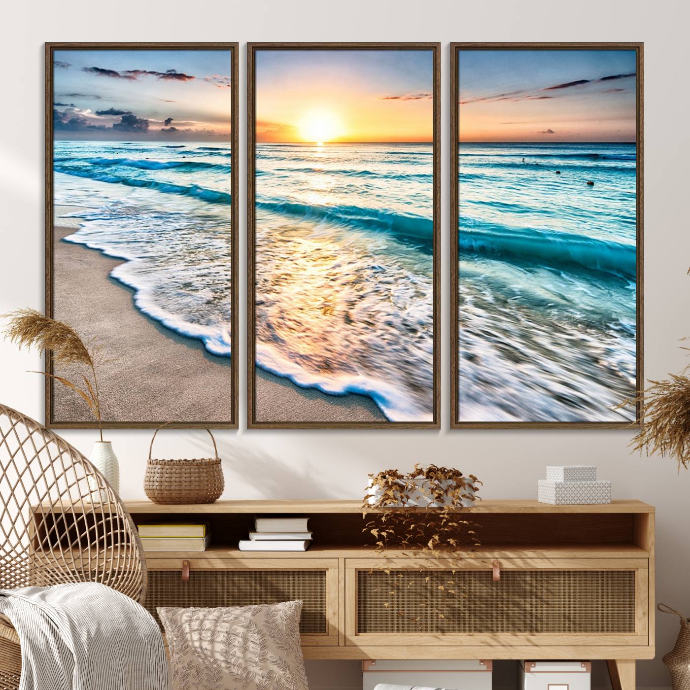 27815-MGV-FC-48X32-3P_Walnut-Coastal Sunset Wall Art Canvas, Ocean Beach Canvas Wall Art Beach Canvas, Coastal Sunset Tropical Island Beach Sunset Artwork Print, Beach