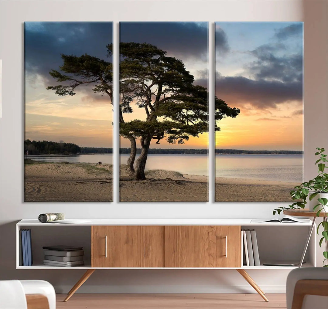 The room showcases the Coastal Sunset Wall Art Canvas Print, a triptych elegantly displayed on museum-quality polycotton canvas, depicting a serene beach sunset with a tree.