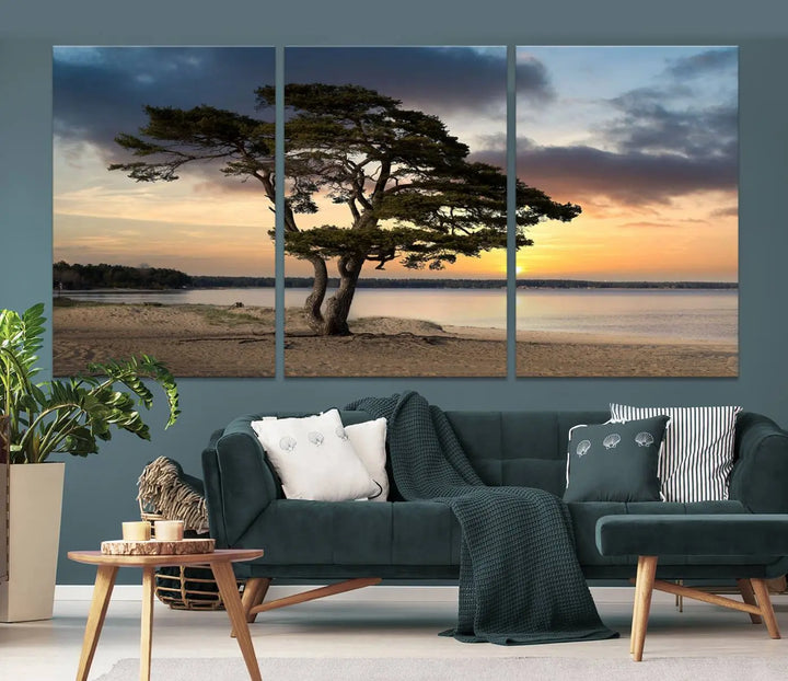 The room showcases the Coastal Sunset Wall Art Canvas Print, a triptych elegantly displayed on museum-quality polycotton canvas, depicting a serene beach sunset with a tree.