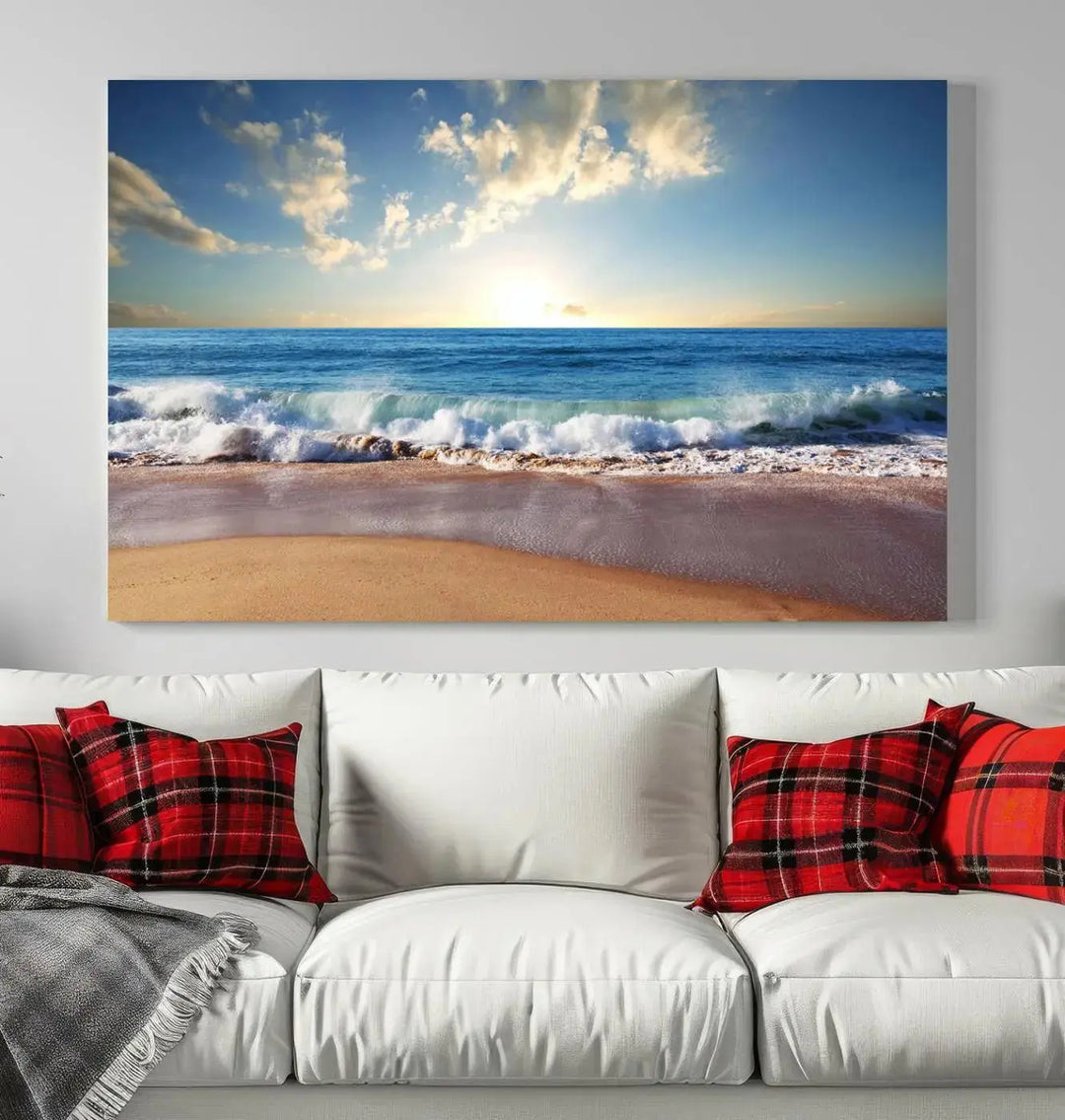 A triptych of the "Coastal Tropical Beach Sunset Canvas Wall Art Print" adorns the dark wall. Featuring a serene beach scene, its gallery-wrapped edges offer a polished look, while a UV-protective coating ensures lasting vibrancy.