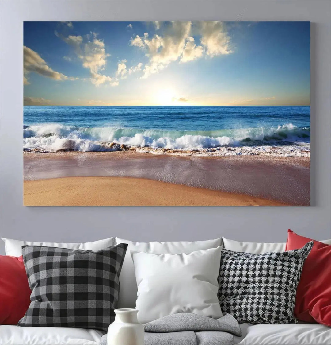 A triptych of the "Coastal Tropical Beach Sunset Canvas Wall Art Print" adorns the dark wall. Featuring a serene beach scene, its gallery-wrapped edges offer a polished look, while a UV-protective coating ensures lasting vibrancy.