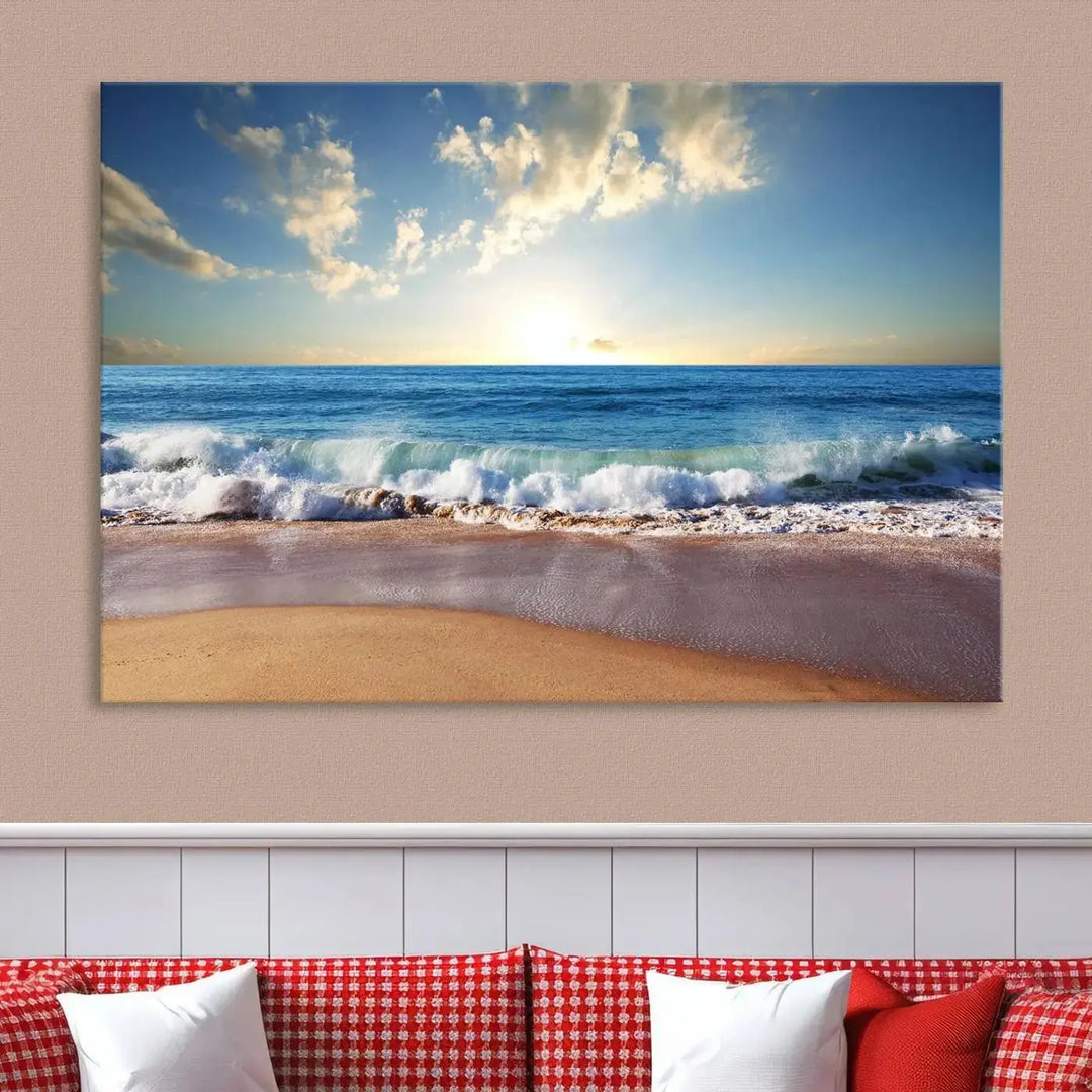 A triptych of the "Coastal Tropical Beach Sunset Canvas Wall Art Print" adorns the dark wall. Featuring a serene beach scene, its gallery-wrapped edges offer a polished look, while a UV-protective coating ensures lasting vibrancy.