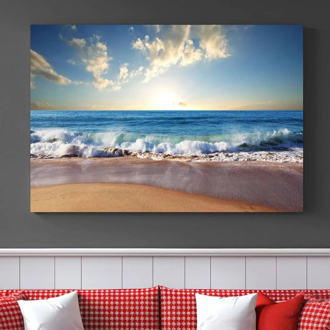 A triptych of the "Coastal Tropical Beach Sunset Canvas Wall Art Print" adorns the dark wall. Featuring a serene beach scene, its gallery-wrapped edges offer a polished look, while a UV-protective coating ensures lasting vibrancy.