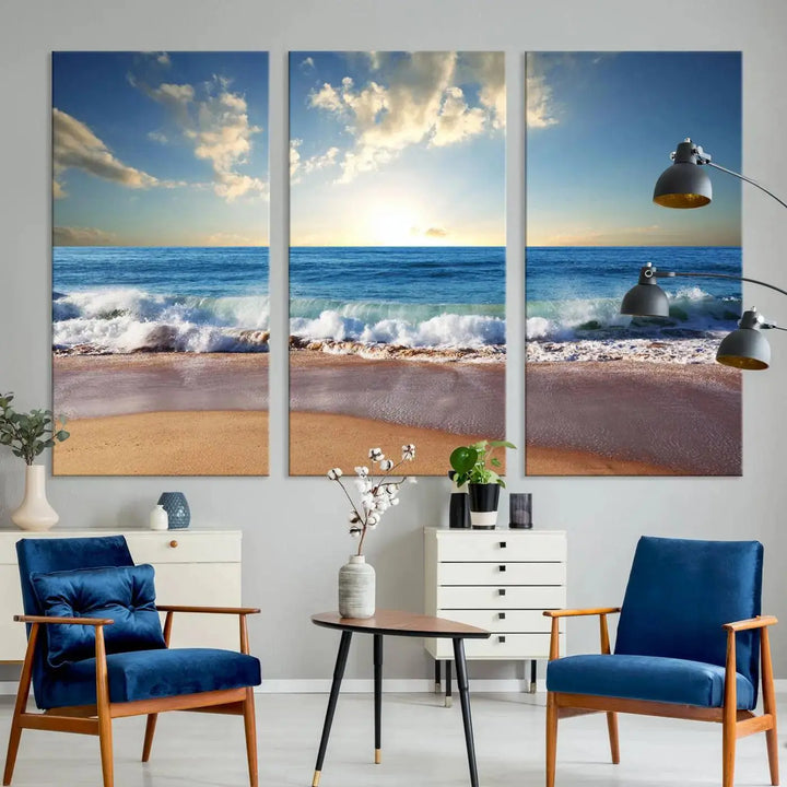 A triptych of the "Coastal Tropical Beach Sunset Canvas Wall Art Print" adorns the dark wall. Featuring a serene beach scene, its gallery-wrapped edges offer a polished look, while a UV-protective coating ensures lasting vibrancy.