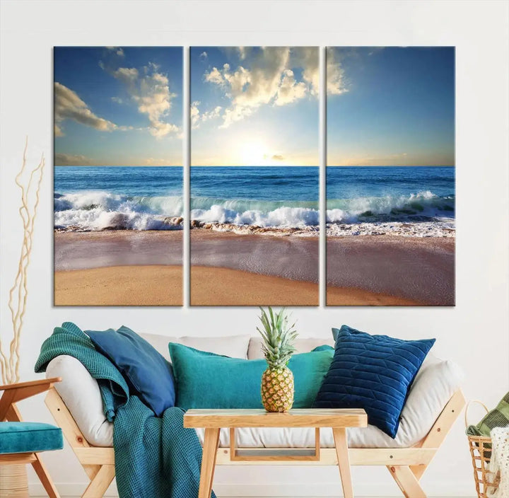 A triptych of the "Coastal Tropical Beach Sunset Canvas Wall Art Print" adorns the dark wall. Featuring a serene beach scene, its gallery-wrapped edges offer a polished look, while a UV-protective coating ensures lasting vibrancy.