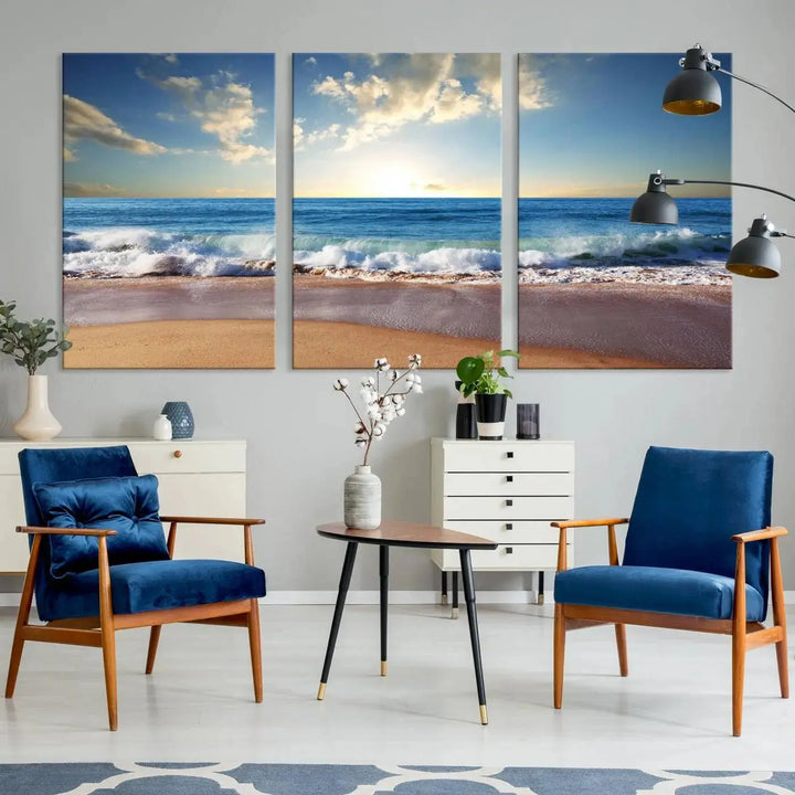 A triptych of the "Coastal Tropical Beach Sunset Canvas Wall Art Print" adorns the dark wall. Featuring a serene beach scene, its gallery-wrapped edges offer a polished look, while a UV-protective coating ensures lasting vibrancy.