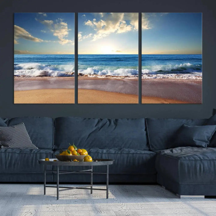 A triptych of the "Coastal Tropical Beach Sunset Canvas Wall Art Print" adorns the dark wall. Featuring a serene beach scene, its gallery-wrapped edges offer a polished look, while a UV-protective coating ensures lasting vibrancy.