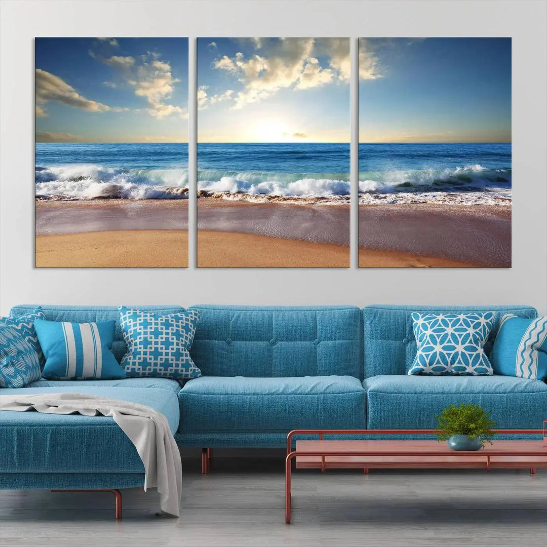 A triptych of the "Coastal Tropical Beach Sunset Canvas Wall Art Print" adorns the dark wall. Featuring a serene beach scene, its gallery-wrapped edges offer a polished look, while a UV-protective coating ensures lasting vibrancy.