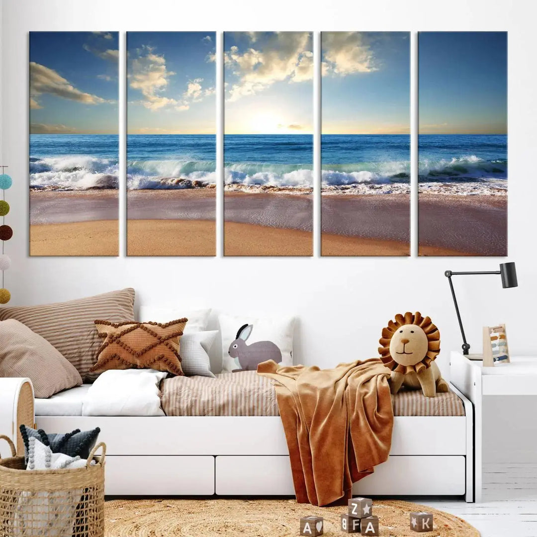 A triptych of the "Coastal Tropical Beach Sunset Canvas Wall Art Print" adorns the dark wall. Featuring a serene beach scene, its gallery-wrapped edges offer a polished look, while a UV-protective coating ensures lasting vibrancy.