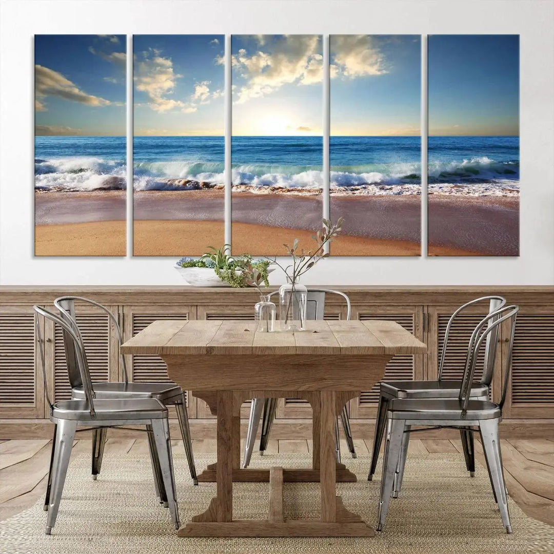 A triptych of the "Coastal Tropical Beach Sunset Canvas Wall Art Print" adorns the dark wall. Featuring a serene beach scene, its gallery-wrapped edges offer a polished look, while a UV-protective coating ensures lasting vibrancy.