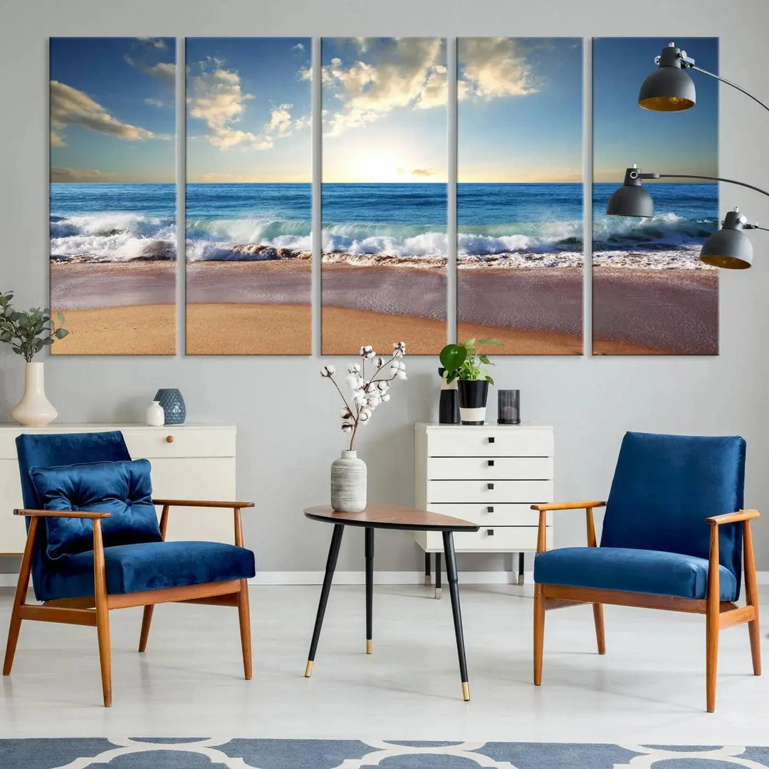 A triptych of the "Coastal Tropical Beach Sunset Canvas Wall Art Print" adorns the dark wall. Featuring a serene beach scene, its gallery-wrapped edges offer a polished look, while a UV-protective coating ensures lasting vibrancy.