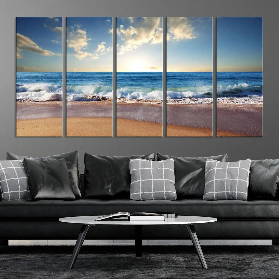 A triptych of the "Coastal Tropical Beach Sunset Canvas Wall Art Print" adorns the dark wall. Featuring a serene beach scene, its gallery-wrapped edges offer a polished look, while a UV-protective coating ensures lasting vibrancy.