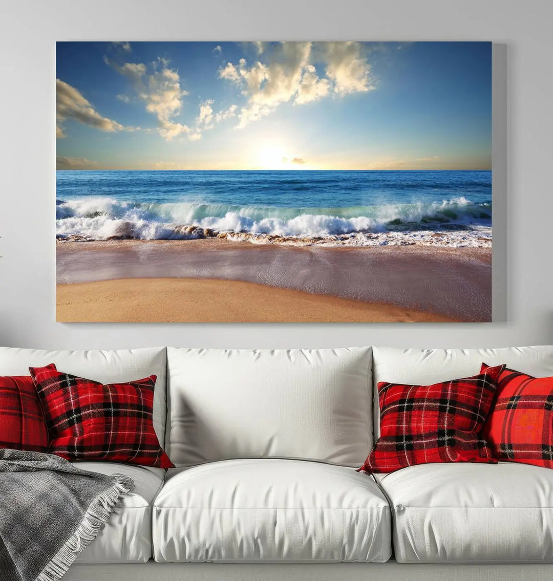 A triptych of the "Coastal Tropical Beach Sunset Canvas Wall Art Print" adorns the dark wall. Featuring a serene beach scene, its gallery-wrapped edges offer a polished look, while a UV-protective coating ensures lasting vibrancy.