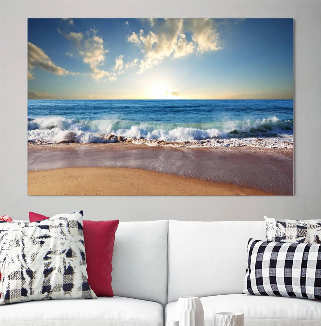 A triptych of the "Coastal Tropical Beach Sunset Canvas Wall Art Print" adorns the dark wall. Featuring a serene beach scene, its gallery-wrapped edges offer a polished look, while a UV-protective coating ensures lasting vibrancy.