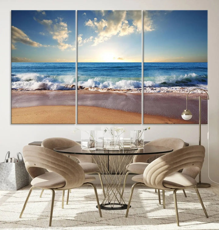 A triptych of the "Coastal Tropical Beach Sunset Canvas Wall Art Print" adorns the dark wall. Featuring a serene beach scene, its gallery-wrapped edges offer a polished look, while a UV-protective coating ensures lasting vibrancy.