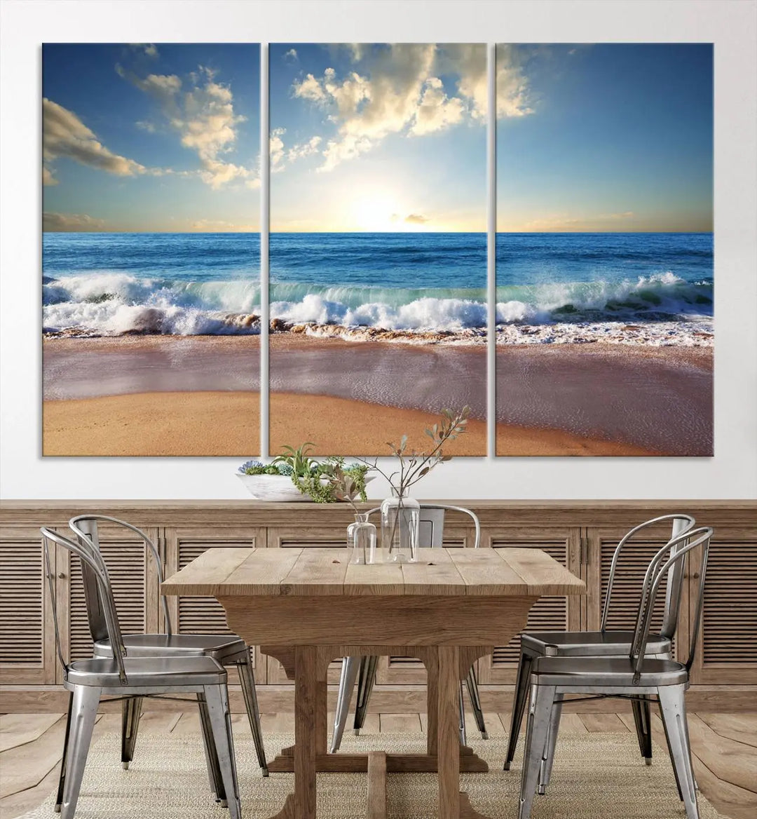 A triptych of the "Coastal Tropical Beach Sunset Canvas Wall Art Print" adorns the dark wall. Featuring a serene beach scene, its gallery-wrapped edges offer a polished look, while a UV-protective coating ensures lasting vibrancy.