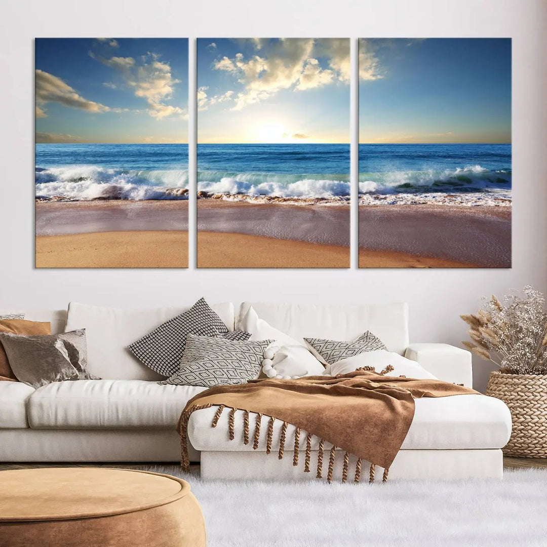 A triptych of the "Coastal Tropical Beach Sunset Canvas Wall Art Print" adorns the dark wall. Featuring a serene beach scene, its gallery-wrapped edges offer a polished look, while a UV-protective coating ensures lasting vibrancy.