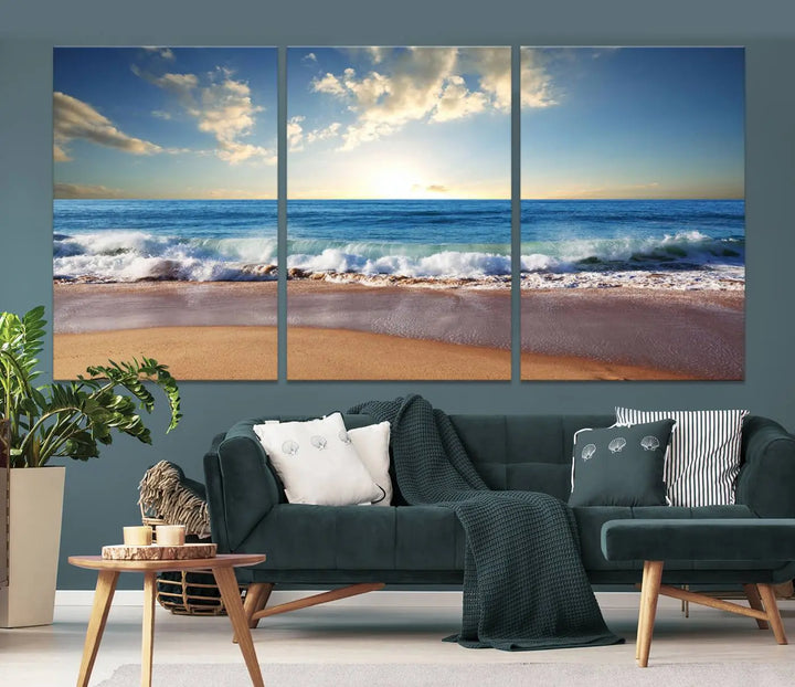 A triptych of the "Coastal Tropical Beach Sunset Canvas Wall Art Print" adorns the dark wall. Featuring a serene beach scene, its gallery-wrapped edges offer a polished look, while a UV-protective coating ensures lasting vibrancy.