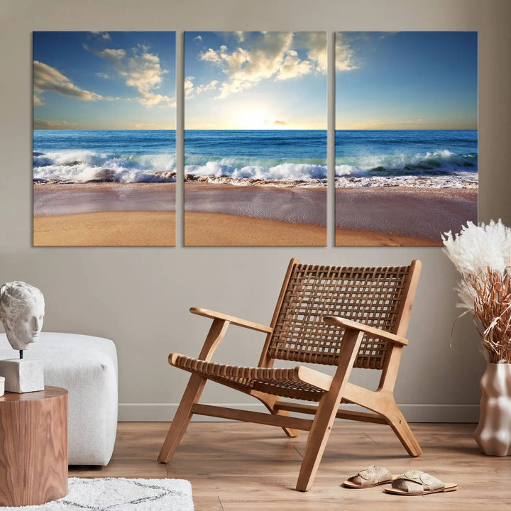 A triptych of the "Coastal Tropical Beach Sunset Canvas Wall Art Print" adorns the dark wall. Featuring a serene beach scene, its gallery-wrapped edges offer a polished look, while a UV-protective coating ensures lasting vibrancy.