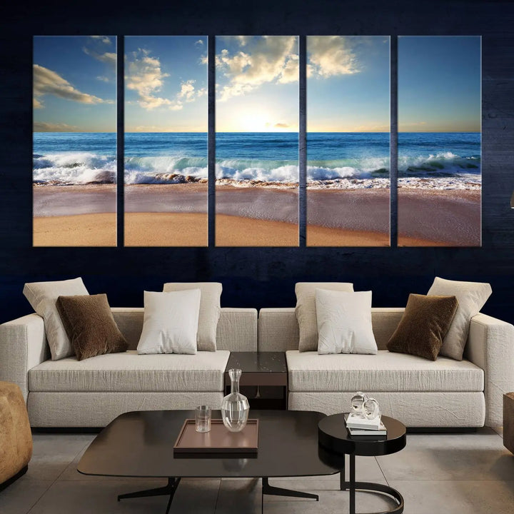 A triptych of the "Coastal Tropical Beach Sunset Canvas Wall Art Print" adorns the dark wall. Featuring a serene beach scene, its gallery-wrapped edges offer a polished look, while a UV-protective coating ensures lasting vibrancy.