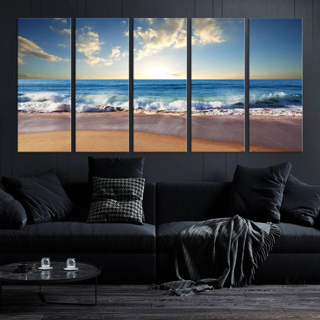 A triptych of the "Coastal Tropical Beach Sunset Canvas Wall Art Print" adorns the dark wall. Featuring a serene beach scene, its gallery-wrapped edges offer a polished look, while a UV-protective coating ensures lasting vibrancy.