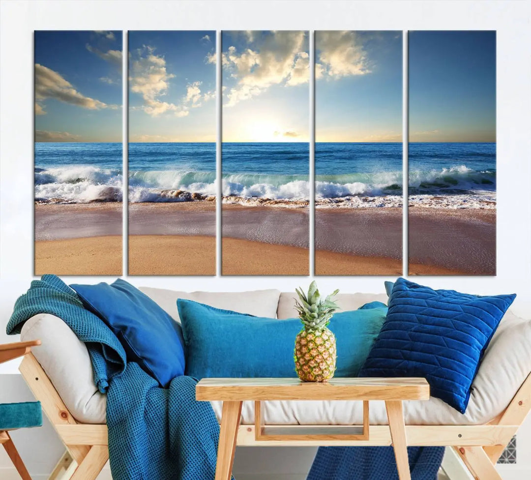 A triptych of the "Coastal Tropical Beach Sunset Canvas Wall Art Print" adorns the dark wall. Featuring a serene beach scene, its gallery-wrapped edges offer a polished look, while a UV-protective coating ensures lasting vibrancy.