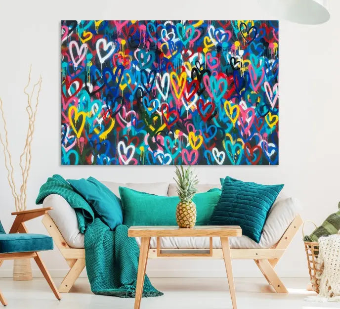 The Color Hands Wall Art Canvas Print features vibrant heart graffiti artwork on three museum-quality canvases, each expertly gallery wrapped and coated for UV protection to ensure durability.