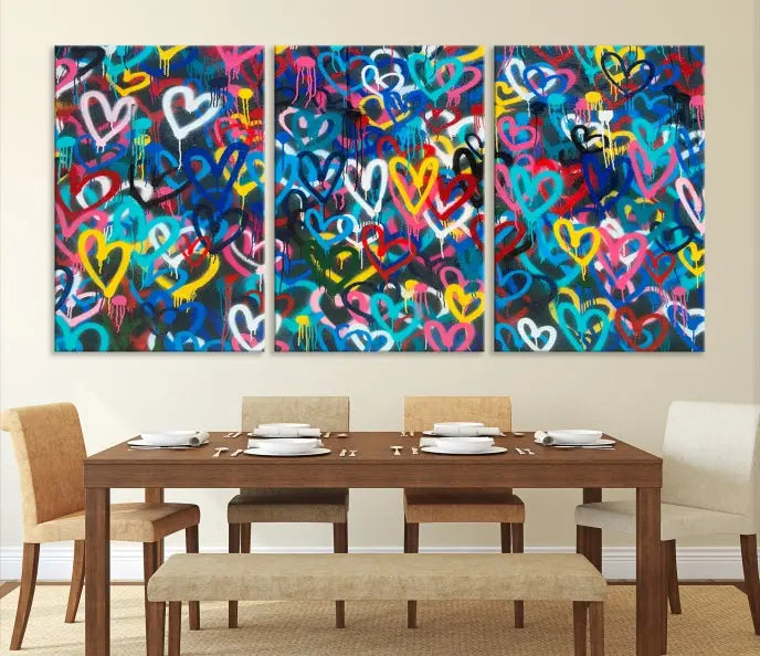 The Color Hands Wall Art Canvas Print features vibrant heart graffiti artwork on three museum-quality canvases, each expertly gallery wrapped and coated for UV protection to ensure durability.