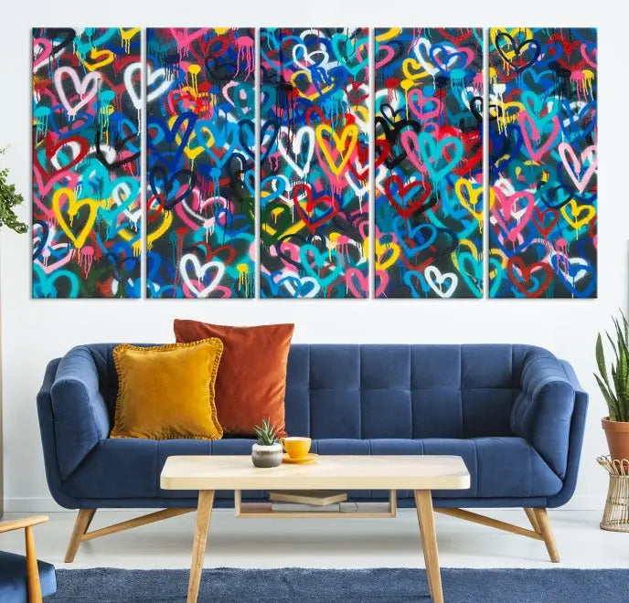 The Color Hands Wall Art Canvas Print features vibrant heart graffiti artwork on three museum-quality canvases, each expertly gallery wrapped and coated for UV protection to ensure durability.