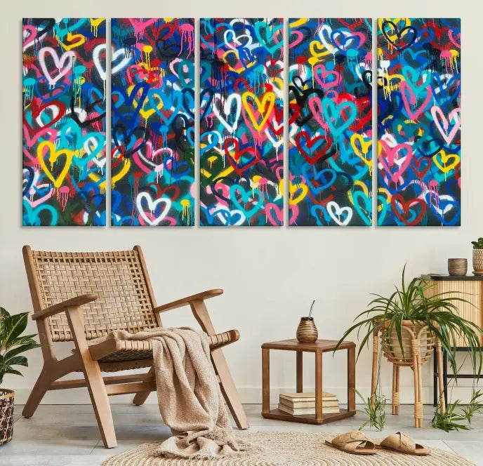 The Color Hands Wall Art Canvas Print features vibrant heart graffiti artwork on three museum-quality canvases, each expertly gallery wrapped and coated for UV protection to ensure durability.