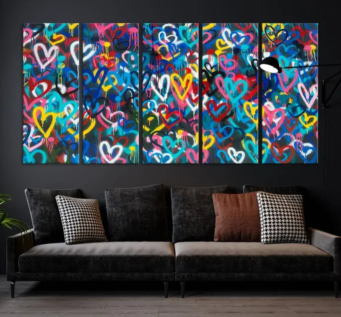 The Color Hands Wall Art Canvas Print features vibrant heart graffiti artwork on three museum-quality canvases, each expertly gallery wrapped and coated for UV protection to ensure durability.