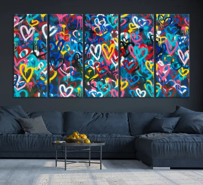 The Color Hands Wall Art Canvas Print features vibrant heart graffiti artwork on three museum-quality canvases, each expertly gallery wrapped and coated for UV protection to ensure durability.