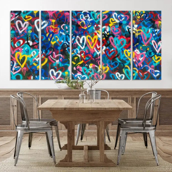 The Color Hands Wall Art Canvas Print features vibrant heart graffiti artwork on three museum-quality canvases, each expertly gallery wrapped and coated for UV protection to ensure durability.