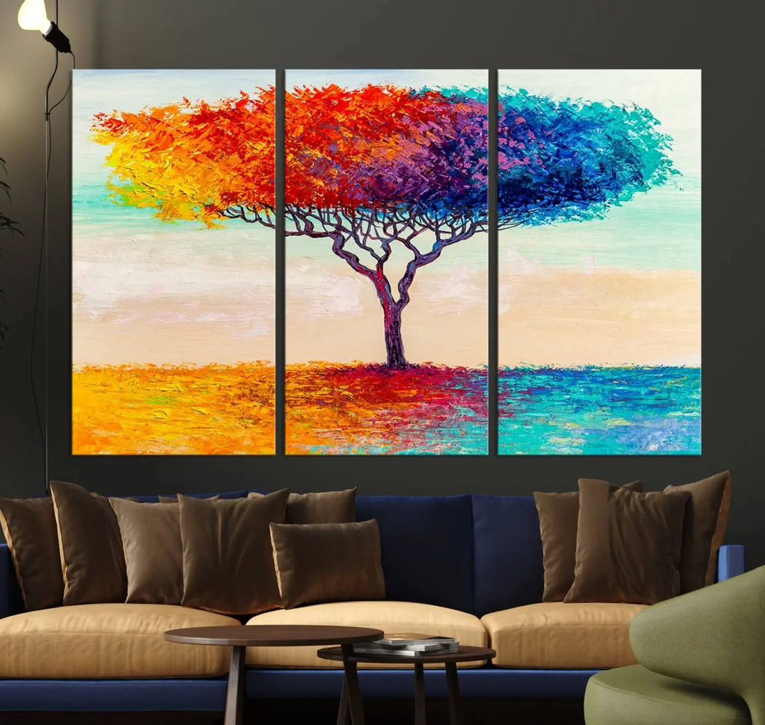 Vivid three-panel "Color Pop Tree Wall Art Canvas Print," elegantly gallery wrapped, showcasing its vibrant leaves.