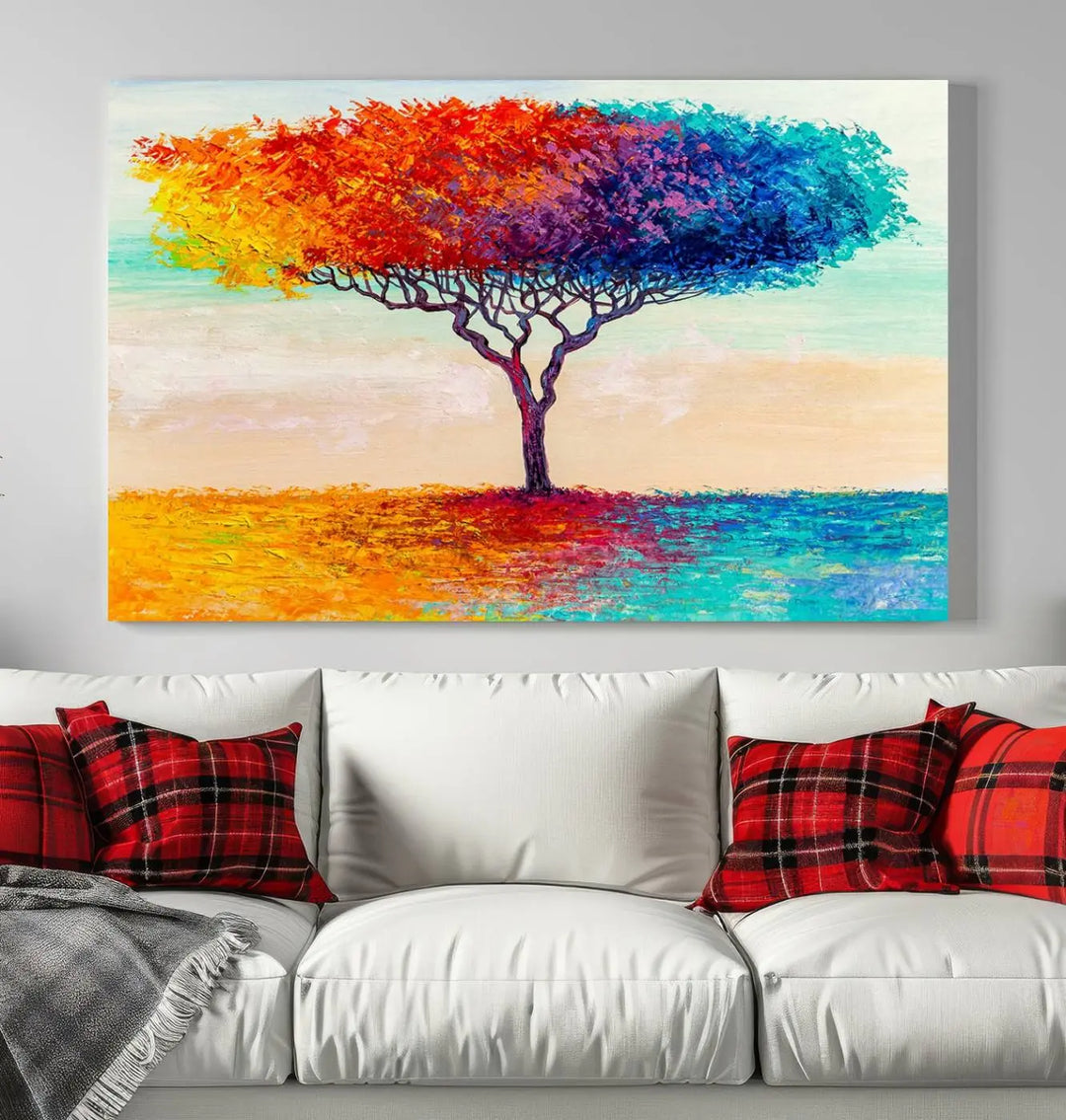 Vivid three-panel "Color Pop Tree Wall Art Canvas Print," elegantly gallery wrapped, showcasing its vibrant leaves.