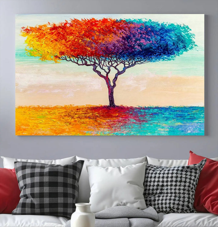 Vivid three-panel "Color Pop Tree Wall Art Canvas Print," elegantly gallery wrapped, showcasing its vibrant leaves.