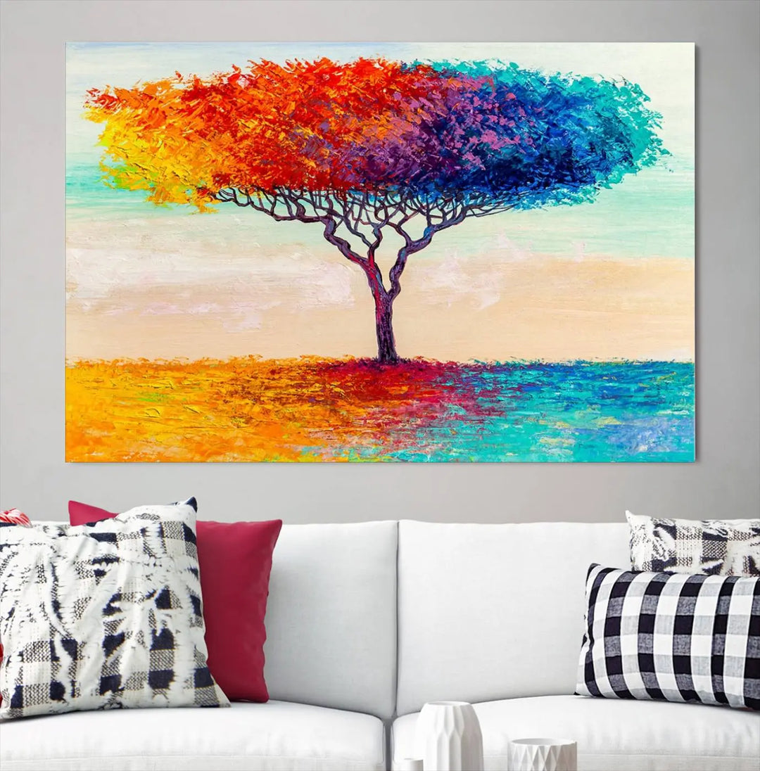 Vivid three-panel "Color Pop Tree Wall Art Canvas Print," elegantly gallery wrapped, showcasing its vibrant leaves.