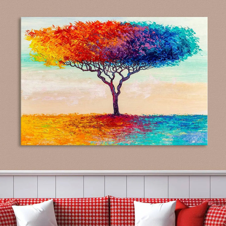 Vivid three-panel "Color Pop Tree Wall Art Canvas Print," elegantly gallery wrapped, showcasing its vibrant leaves.