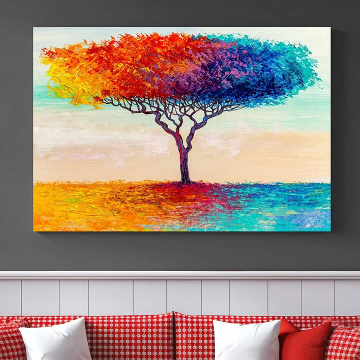 Vivid three-panel "Color Pop Tree Wall Art Canvas Print," elegantly gallery wrapped, showcasing its vibrant leaves.