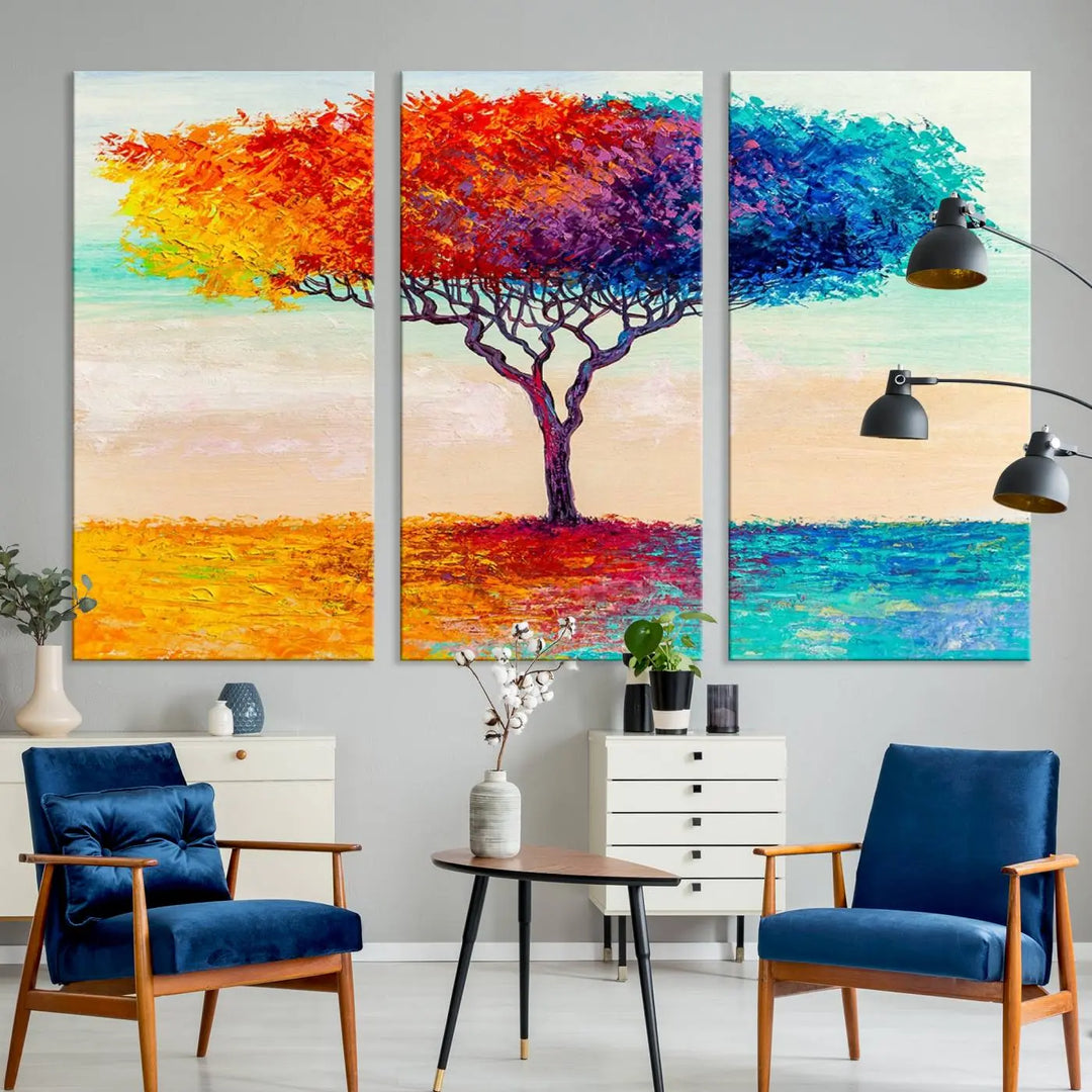 Vivid three-panel "Color Pop Tree Wall Art Canvas Print," elegantly gallery wrapped, showcasing its vibrant leaves.