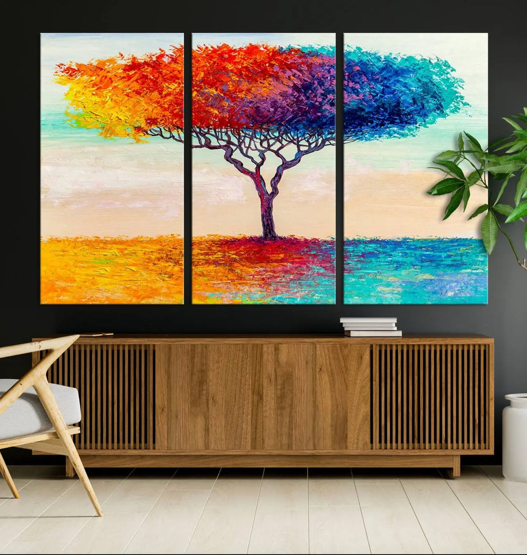 Vivid three-panel "Color Pop Tree Wall Art Canvas Print," elegantly gallery wrapped, showcasing its vibrant leaves.