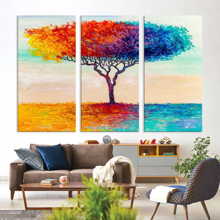 Vivid three-panel "Color Pop Tree Wall Art Canvas Print," elegantly gallery wrapped, showcasing its vibrant leaves.