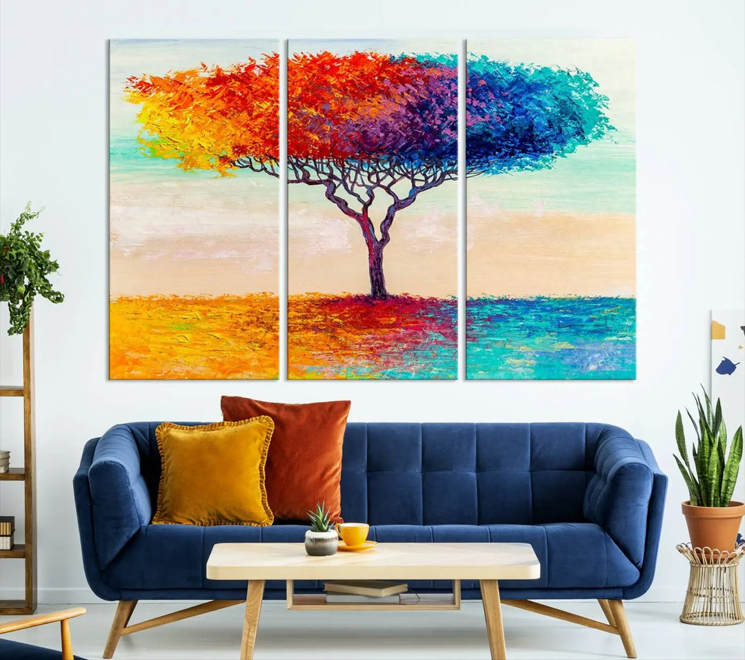 Vivid three-panel "Color Pop Tree Wall Art Canvas Print," elegantly gallery wrapped, showcasing its vibrant leaves.