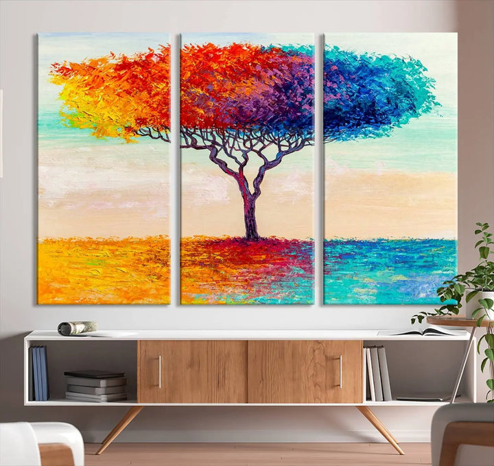 Vivid three-panel "Color Pop Tree Wall Art Canvas Print," elegantly gallery wrapped, showcasing its vibrant leaves.