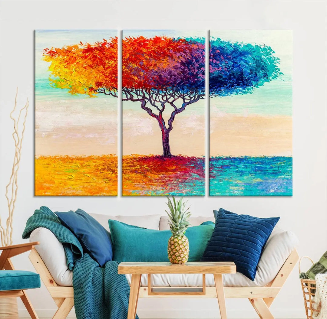 Vivid three-panel "Color Pop Tree Wall Art Canvas Print," elegantly gallery wrapped, showcasing its vibrant leaves.