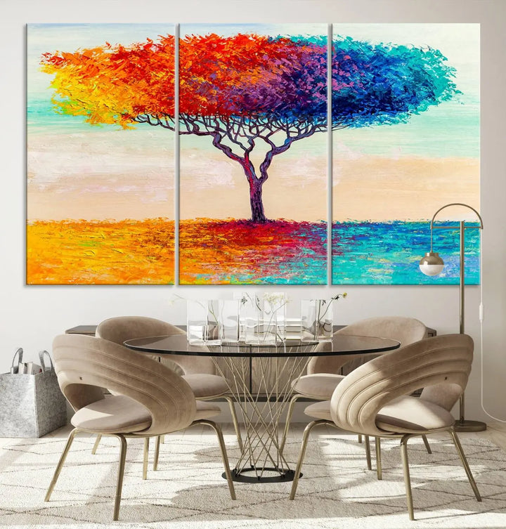 Vivid three-panel "Color Pop Tree Wall Art Canvas Print," elegantly gallery wrapped, showcasing its vibrant leaves.