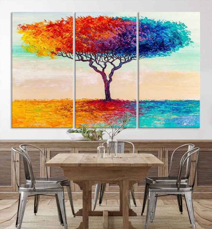 Vivid three-panel "Color Pop Tree Wall Art Canvas Print," elegantly gallery wrapped, showcasing its vibrant leaves.